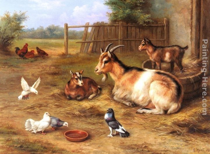 Edgar Hunt A Farmyard Scene with goats, chickens, doves